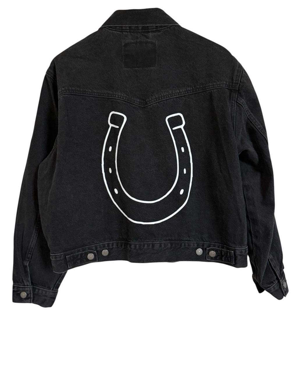 Levi’s NWT Relaxed Black Denim Trucker Jacket Horseshoe Graphic Men’s M - Picture 2 of 15